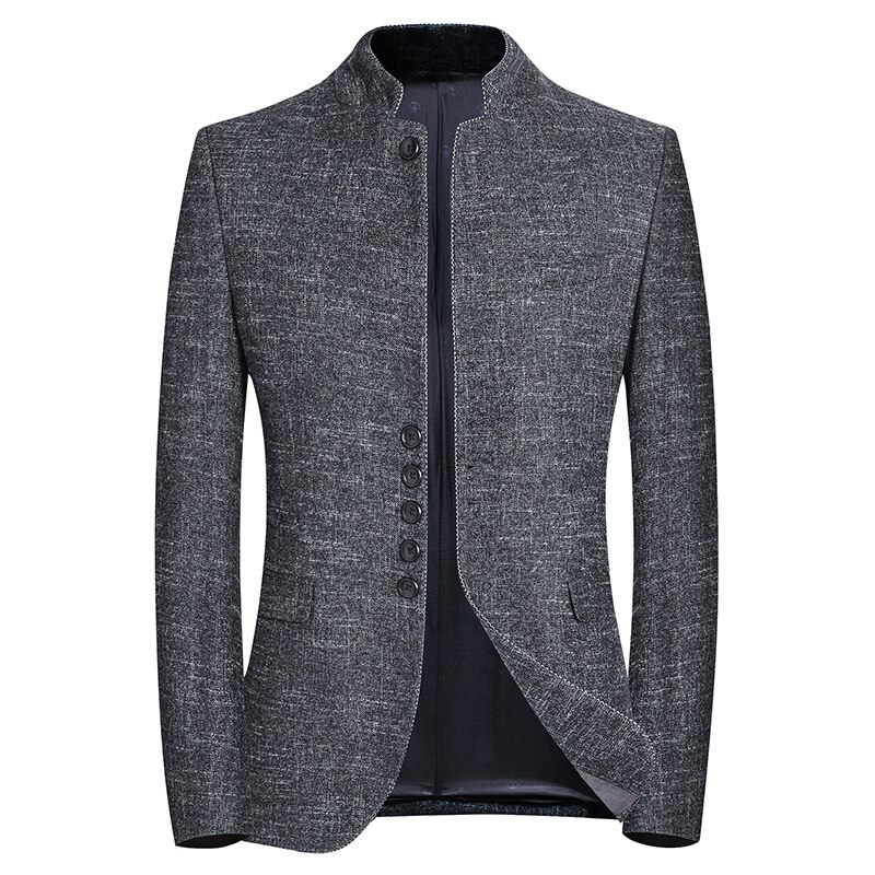 Chaqueta ajustada de estilo británico para hombre, traje informal con cuello levantado y 6 hebillas, color gris liso, para otoño,