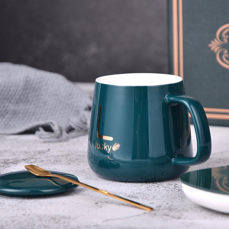 Ceramic Thermostatic Cup with Spoon with Lid Portable Box Set Coffee Cup Mug School Office Convenient and Practical