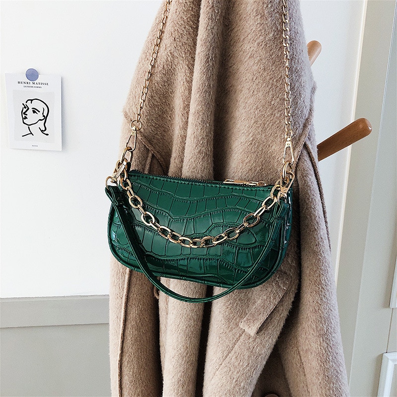Mini lille firkantet taske sommer pu læder håndtaske til kvinder krokodillemønster kæde skulder messenger tasker: Grøn