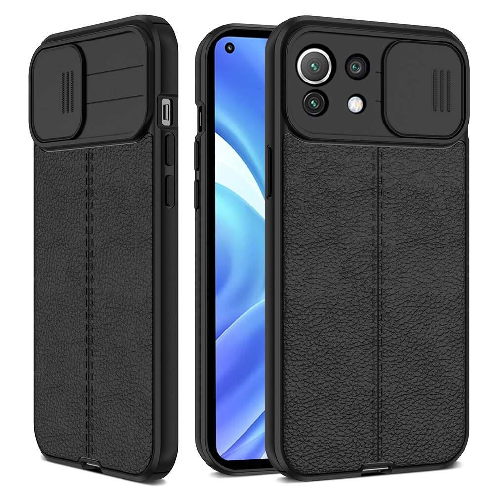 Lychee Pattern PU Leather Back Cover For Xiaomi Mi 11 Lite 5G NE Push Camera Protect Case Xiomi Mi11 Light 11Lite Silicone Cover: For Mi 11 Lite 5G NE / Black-01