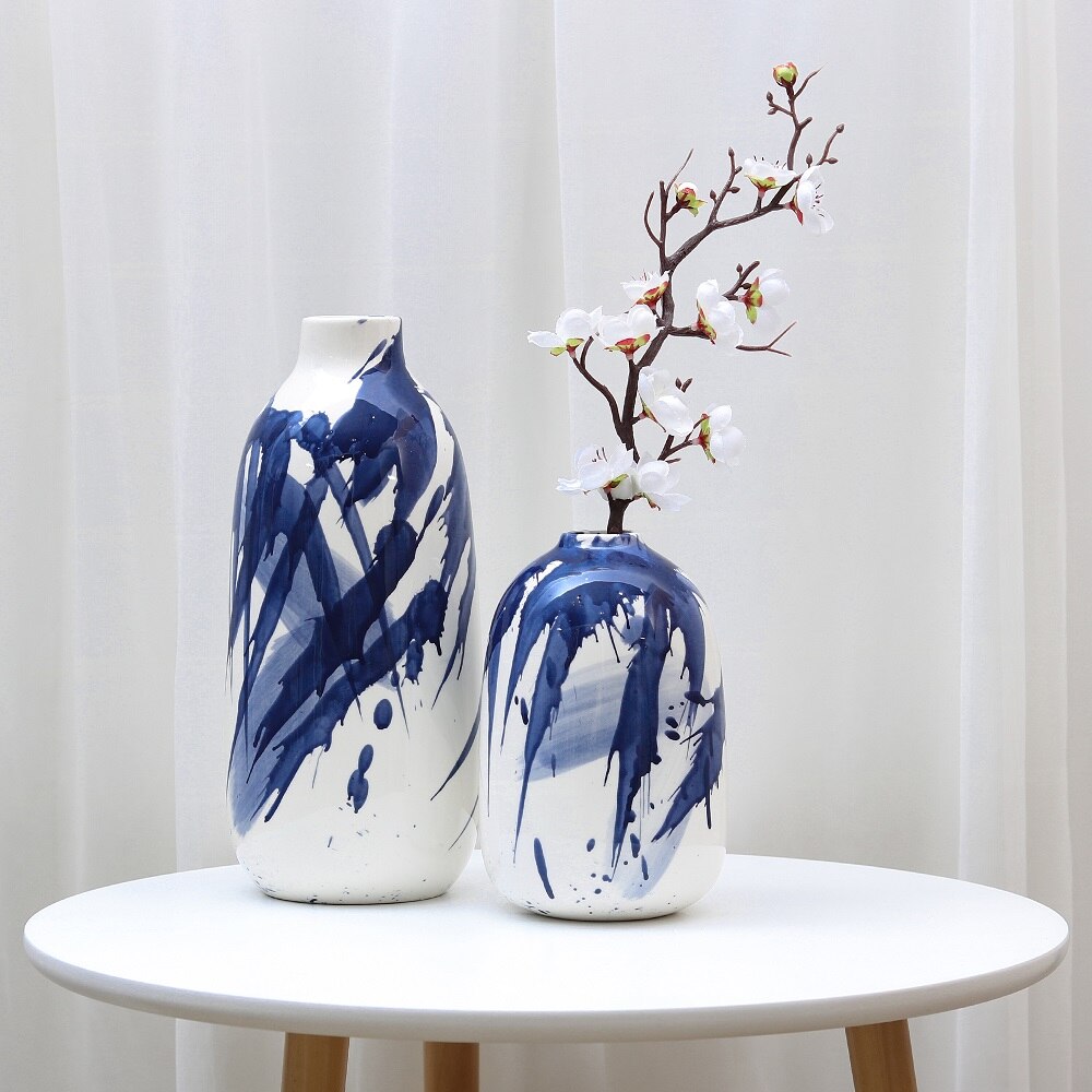 Teresa's Collecties 2Pcs Keramische Vazen Blauw Wit Chinese Vazen Aquarel Geglazuurd Decoratieve Bloempot Thuis Desktop Decor