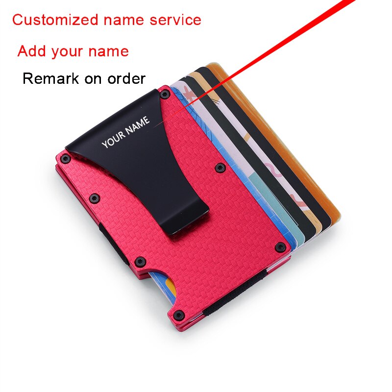 Slim Aluminum RFID Magic Wallet Carbon Fiber Card Holder fit 6 Bussiness Cards for Women& Mens: Red  add name