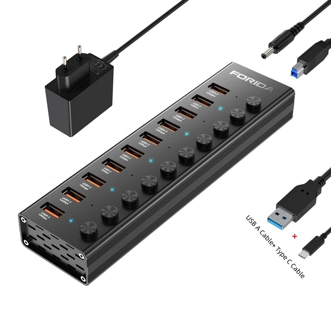 FORIDA 10 puertos USB A 3,2 extensión USB C Hub 10Gbps estaciones de acoplamiento interruptor de encendido/apagado divisor de energía para ordenador portátil Macbook de escritorio: Gris claro