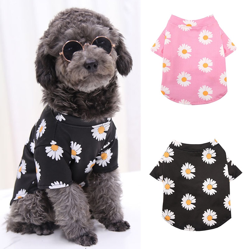 Summer Pet Dog Cotton T Shirt Overalls Daisy Print Pet Clothes Outfit For Small Dogs Soft Leisure Clothes For Puppy