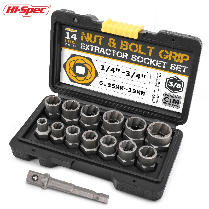 Hi-Spec 14pc Extraction Socket Set, Impact Bolt Nut Remover Set, Bolt Extractor Tool Set for Removing Damaged Bolts Nuts Screws