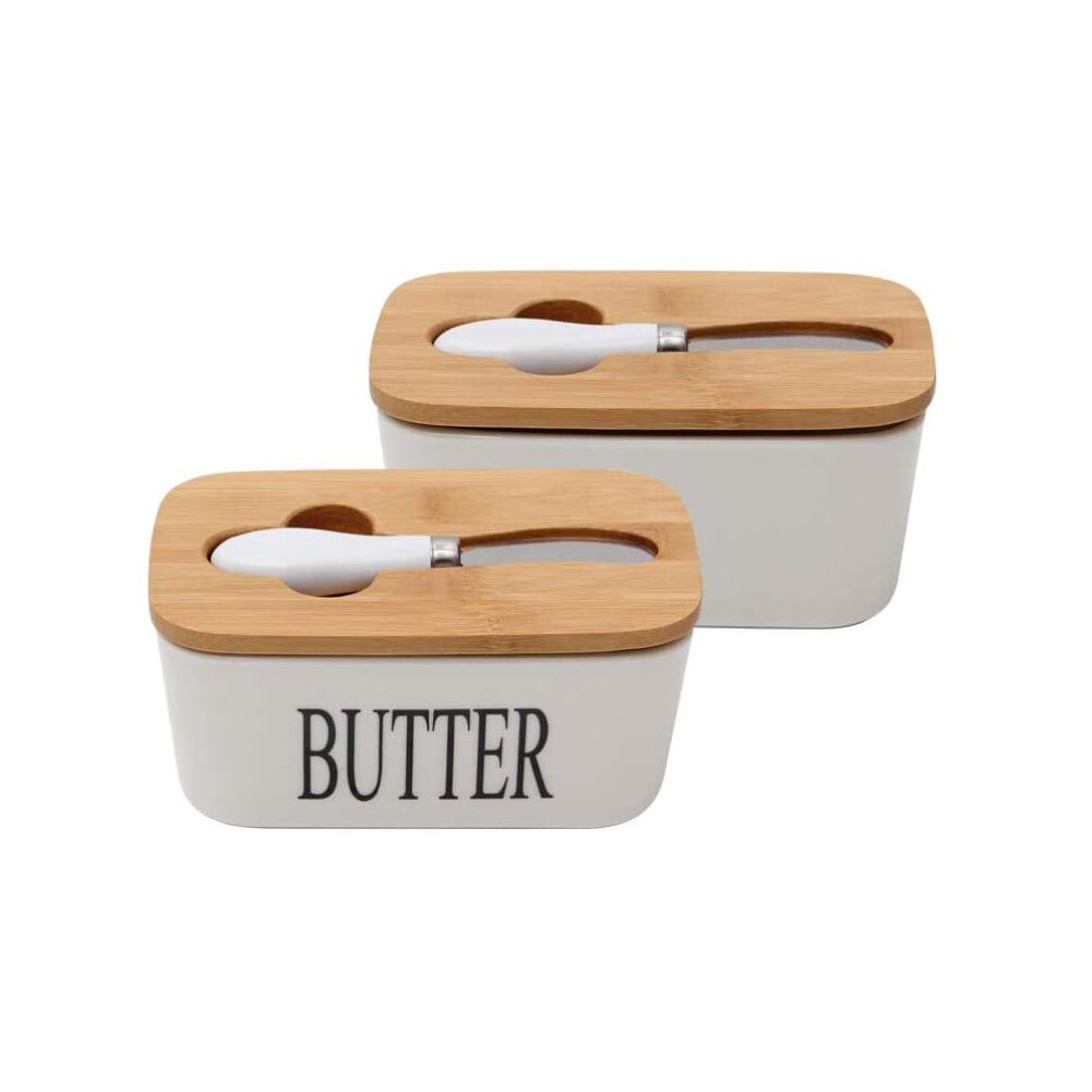 Ceramic Butter Container Set, Rectangle Butter Sealed Can + Wood Lid + Cutter + Silicone Loop(Pure White/Letter)