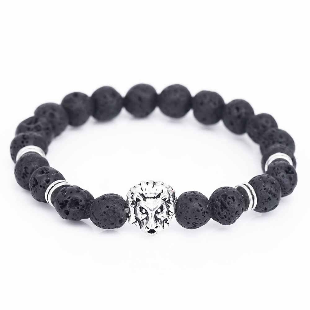 Bracelet en pierre de lave noire pour homme, perles de bouddha, tête de Lion, accessoires,: A 4