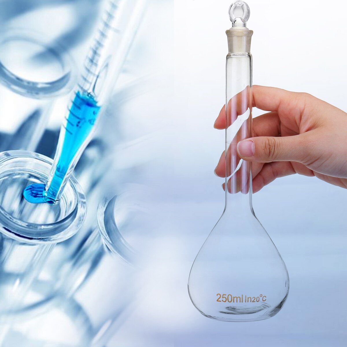 Klart glas målekolbe med prop 250ml laboratorie kemi glasvarer gennemsigtig kolbe glas til skoleundervisning laboratorieartikler