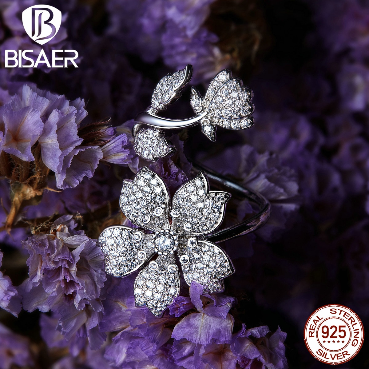 Sakura rings bisaer dazzling cubic zircon 925 Sterling silver blooming Sakura flowers finger rings for women jewelry EFR076