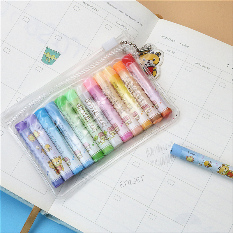 12PCS a set eraser pvc bag packing student pencils erasers Wipe clean school kids learning