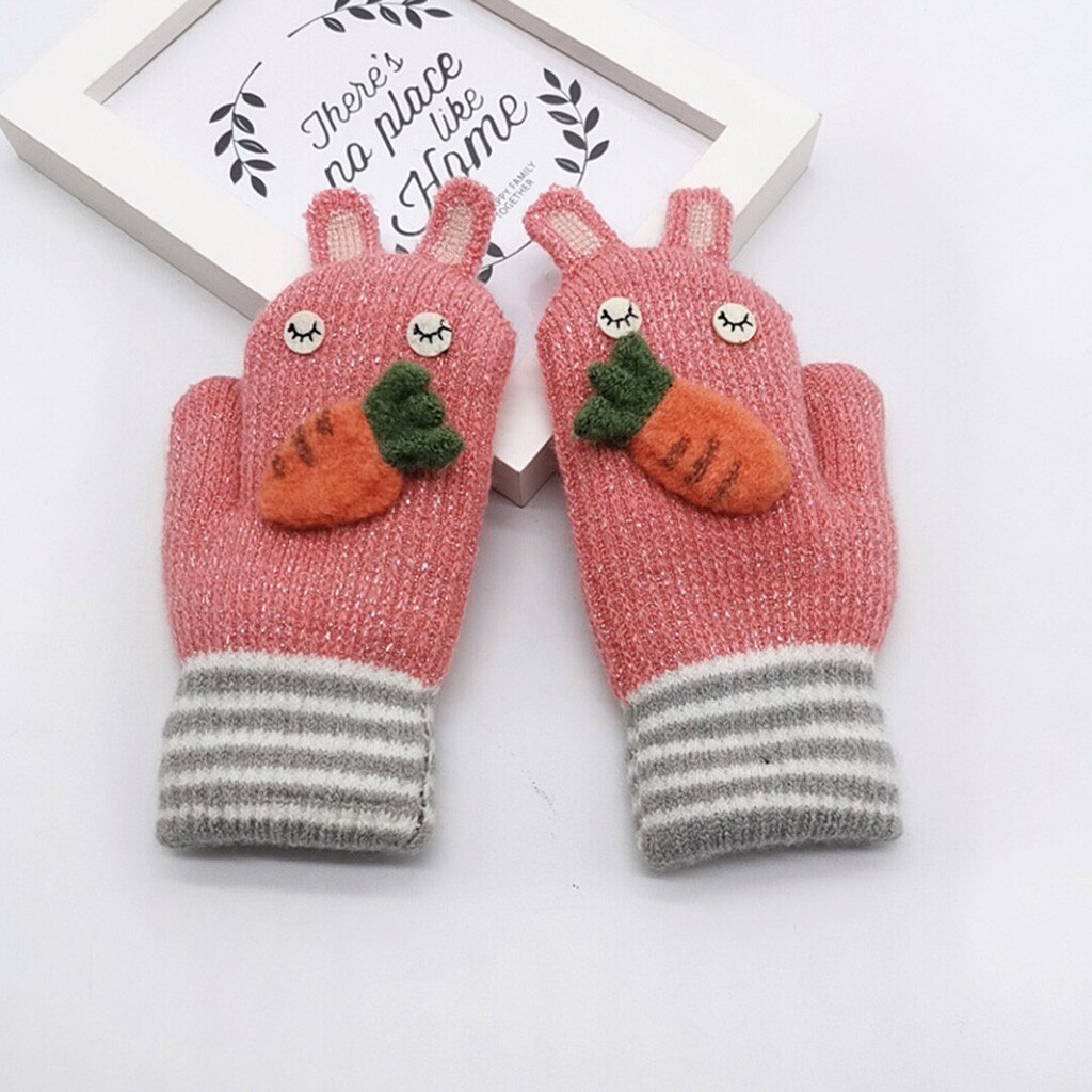 Cartoon Rabbit Knitted Gloves For Children Kids Boys Girls Carrot Applique Patchwork Hand Gloves Winter Warm Full Finger Mittens