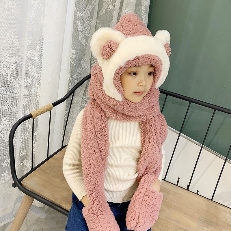Baby Girls Mom Ears Hats Children Women Winter Warm Plush Winter Scarf Caps Gloves Cute Kids Cute Bunny Funny Hats Cap: Kids-Leather Red
