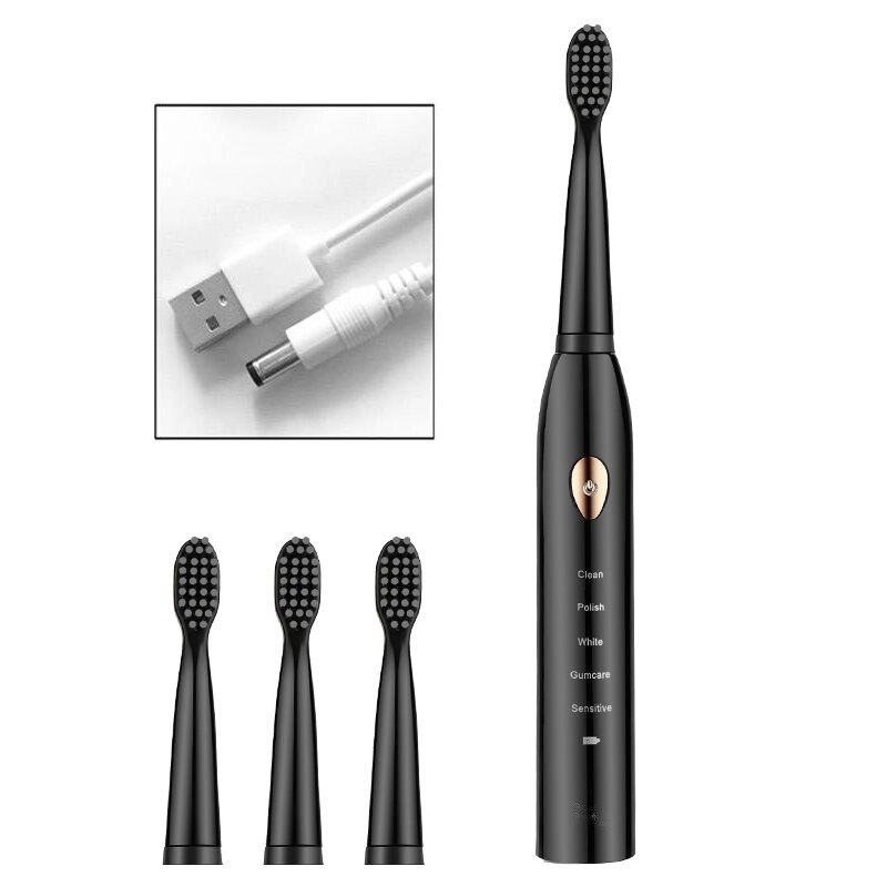 5 modalità Ad Ultrasuoni Spazzolino Da Denti Elettrico di base USB Ricaricabile Impermeabile Spazzolino Da Denti Elettrico con 4 Teste di Bursh Contenitore di Regalo: nero USB