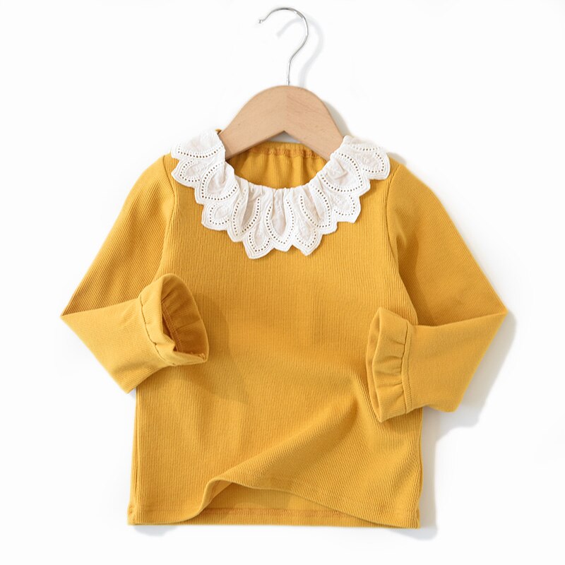 Babymeisjes t-shirt met kanten kraag, kinderblouse voor meisjes, tops, herfstprinsessen, lange mouwen, geribbelde strepen, kindertruien: Geel / 5t