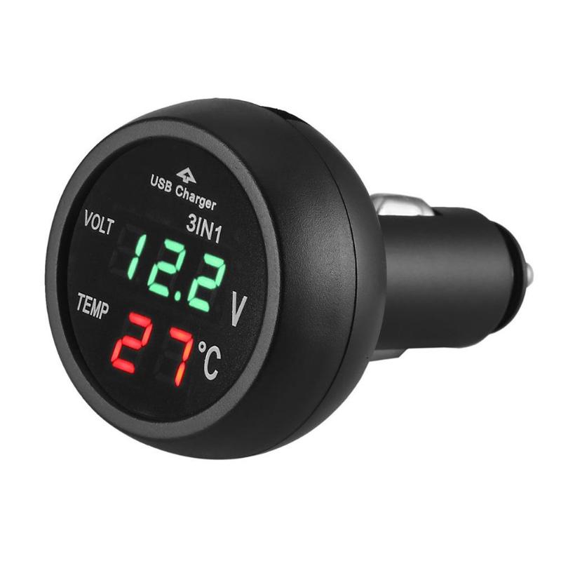 Universal 3 i 1 12/24v bil auto ledet digital voltmeter gauge termometer skærm display usb opladningsoplader til telefon tablet gps: Grøn