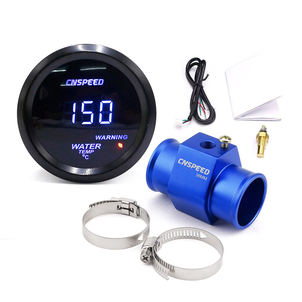 CNSPEED-indicador Digital de temperatura del agua para coche, 2 pulgadas, 52MM, Led azul, 40-150 Celsius, adaptador de Sensor de tubería de junta de temperatura del agua, 1/8NPT: With 36 adapter