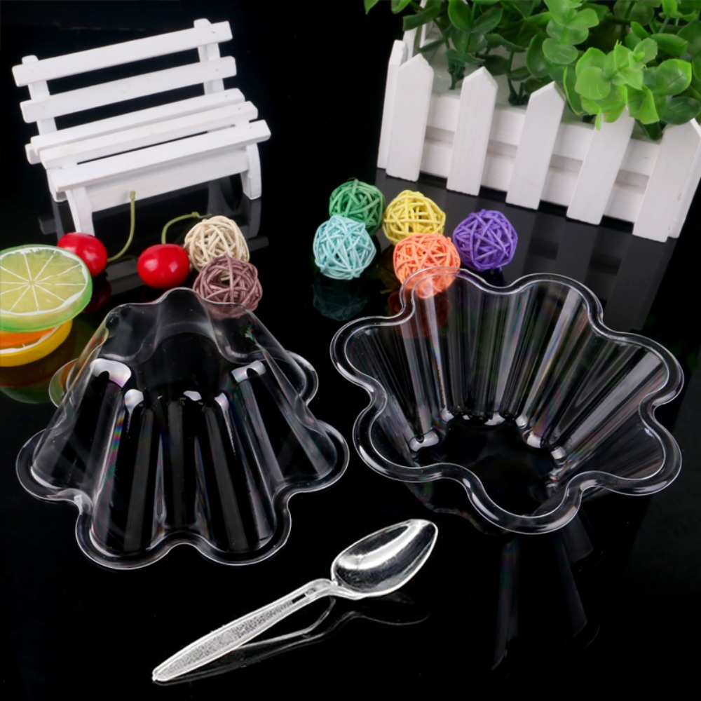 50 plastikowe kubki do lodów w kształcie kwiatka, przezroczyste, jednorazowe, pogrubione, 250ml/300ml kubki do deserów, jogurt