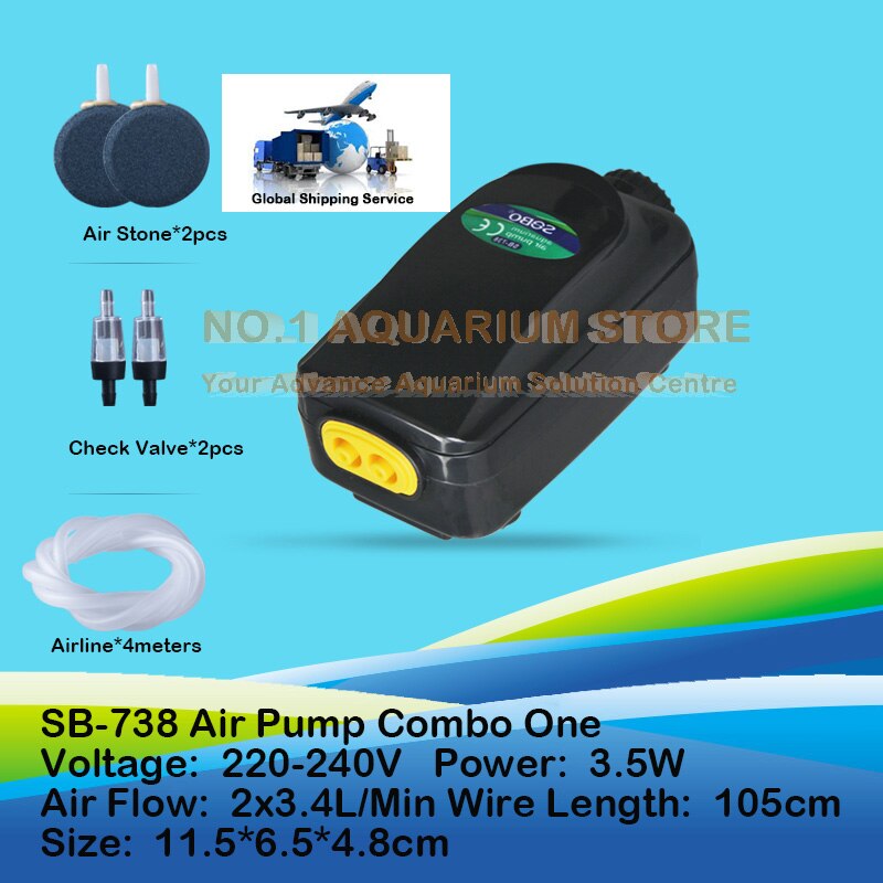 SOBO Silent Aquarium Air Pump Oxygen Pond Aerator Water Fish Tank SB-718 SB-738 3W/3.5W Authorized Dealer: SB-738 COMBO ONE / AU Plug Adapter