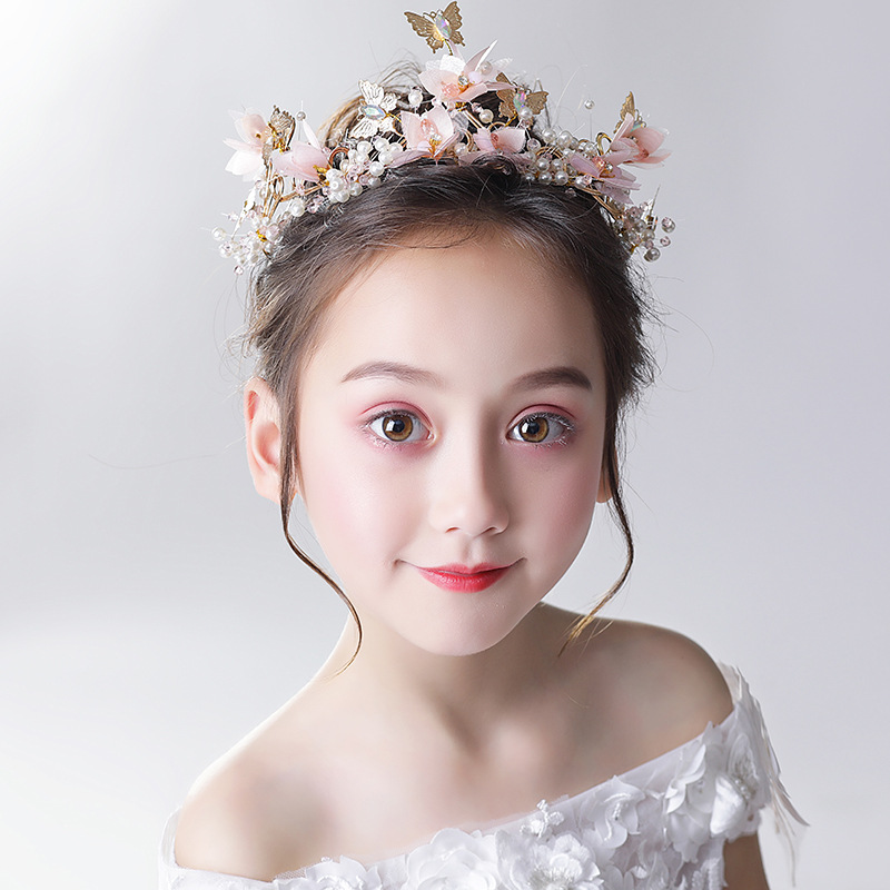 Korean Children&#39;s Head Flower Golden Butterfly White Pearl Flower Headband Flower Girl Birthday Headband Wreath 2021new