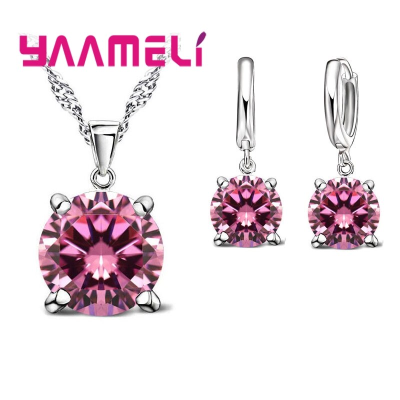 Conjunto de joyería de plata de ley 925 para mujer, collar con colgante de Circonia cúbica, pendiente, joyería nupcial clásica para mujer: pink