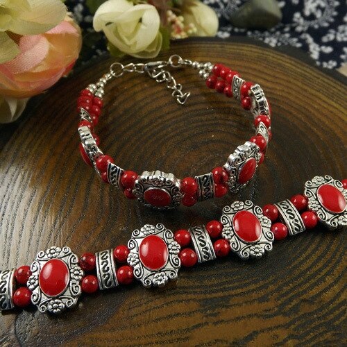 Tibetan Silver color Bohemia Bracelet Bead Stone Adjust Size Bangle Jewelry Blue/Red/Black A207G: red