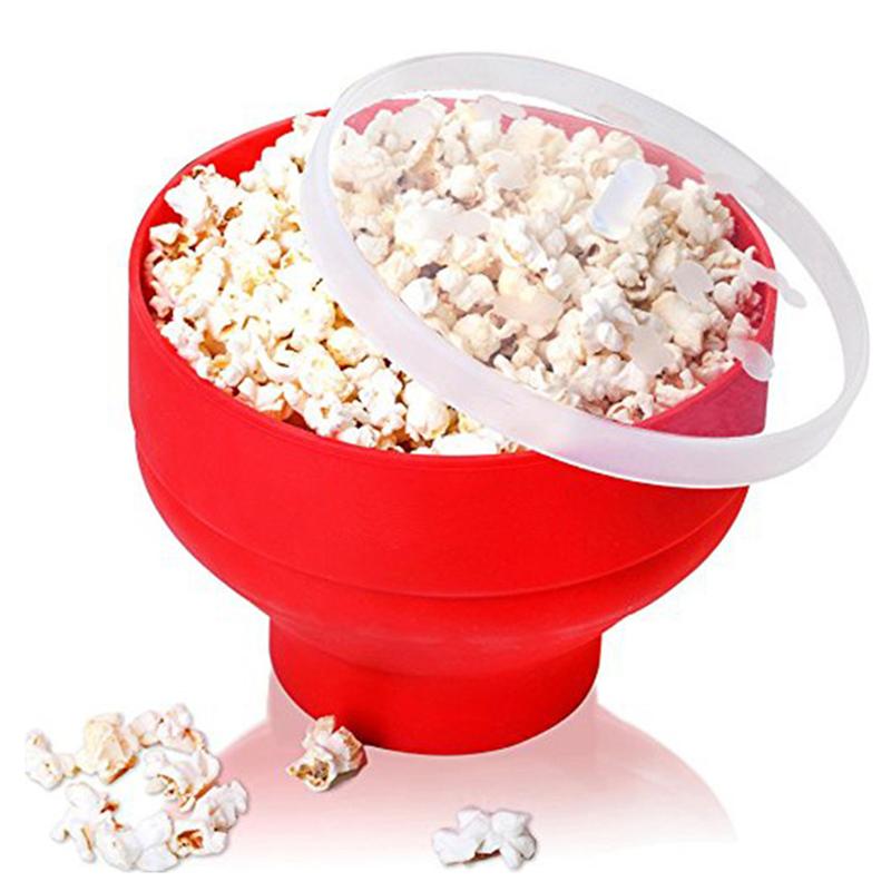 Magnetron Popcorn Poppers Opvouwbare Gebruik Voor DIY Voedsel Maken Home Keuken Opvouwbare Siliconen Kom met Cover 20x14.5 cm (Rood)