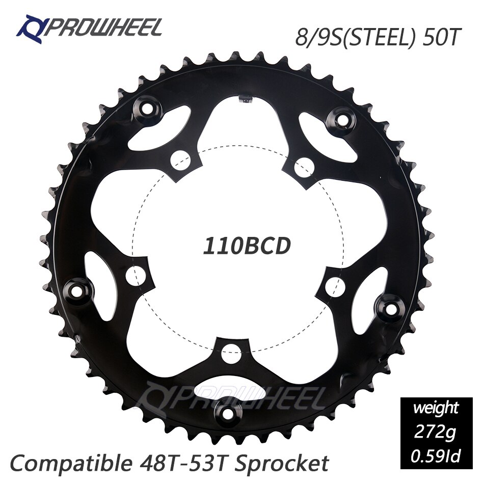 Prowheel Racefiets Kettingblad 110/130BCD 34/39/50/53T Tandwiel AL-7075 Cnc 8/9/10/11 Speed Chainwheel Crankstel Tandplaat Onderdelen: 5h 110bcd 50t Steel