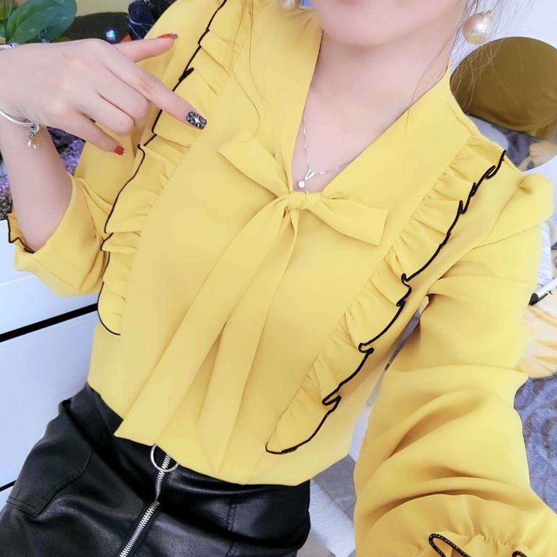 Dames lente zomer stijl chiffon blouses shirts dames casual lange mouwen ruches decor strik kraag blusas tops  dd8828
