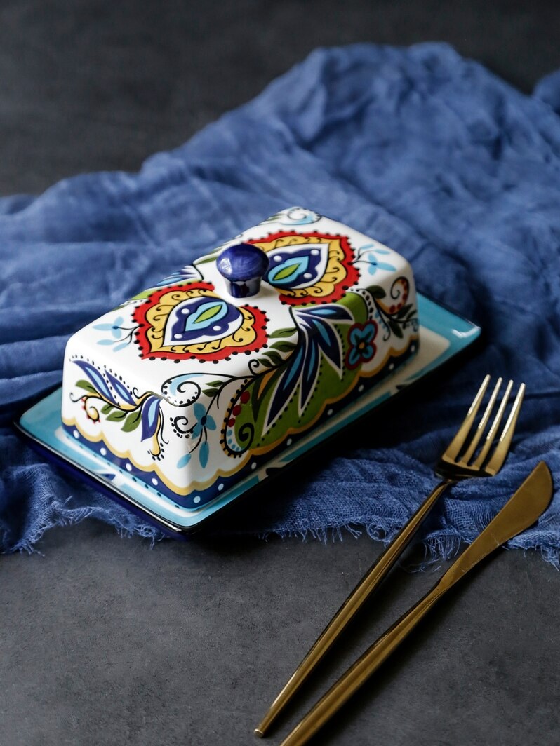 Plato de mantequilla de cerámica Vintage, plato de mantequilla Rectangular pintado a mano con cubierta, Plato decorativo para servir mantequilla, decoración del hogar
