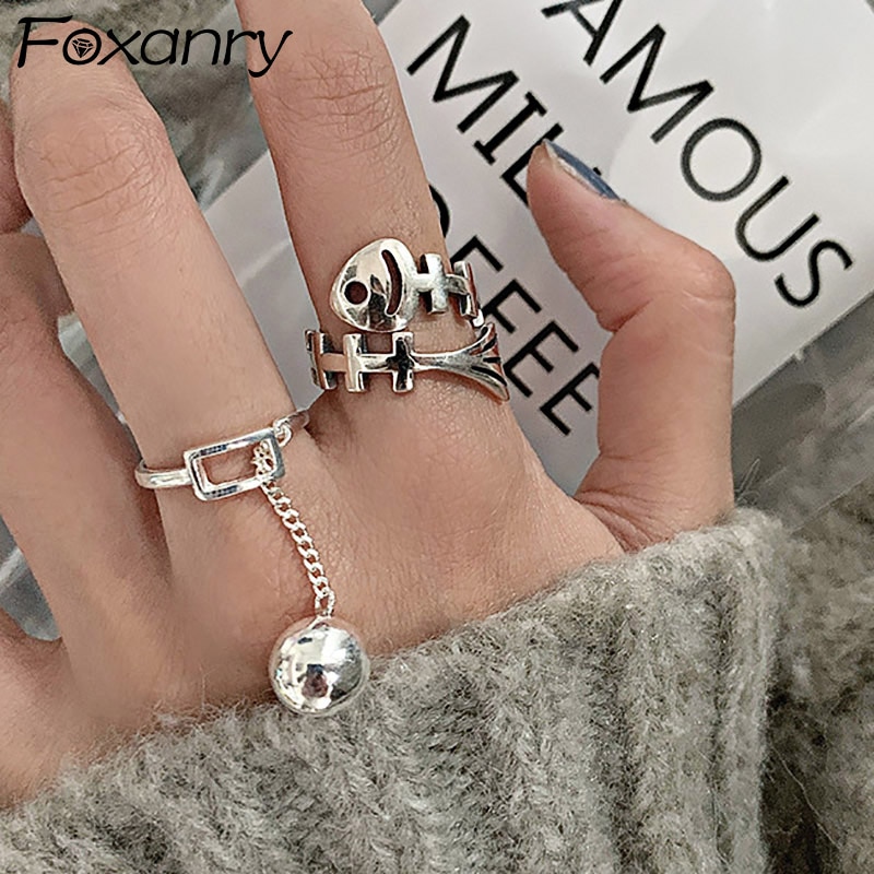 Foxanry 925 Sterling Zilveren Opengewerkte Ringen Ins Mode Creatieve Bal Hanger Vintage Handgemaakte Partij Sieraden Voor Vrouwen