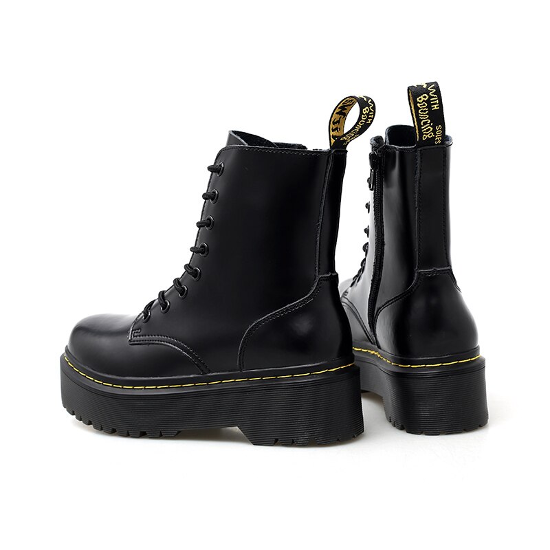 Botines blancos de piel auténtica para mujer, botas de plataforma planas, zapatos de piel para otoño e invierno, botas de cuero con cordones de punta redonda