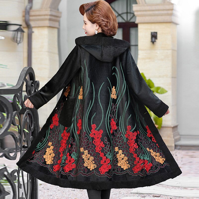Gabardina larga con capucha para mujer, chaqueta gruesa de felpa aterciopelada con bordado de flores, estilo retro, otoño e invierno,