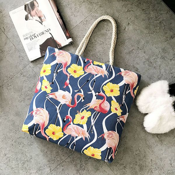 Flamingo Frauen Leinwand Tasche Große Strand Schulter Taschen Casual Weibliche Tote Hand Tasche Großen Einkaufstasche Weibliche Schulter Taschen CJ875: Blau