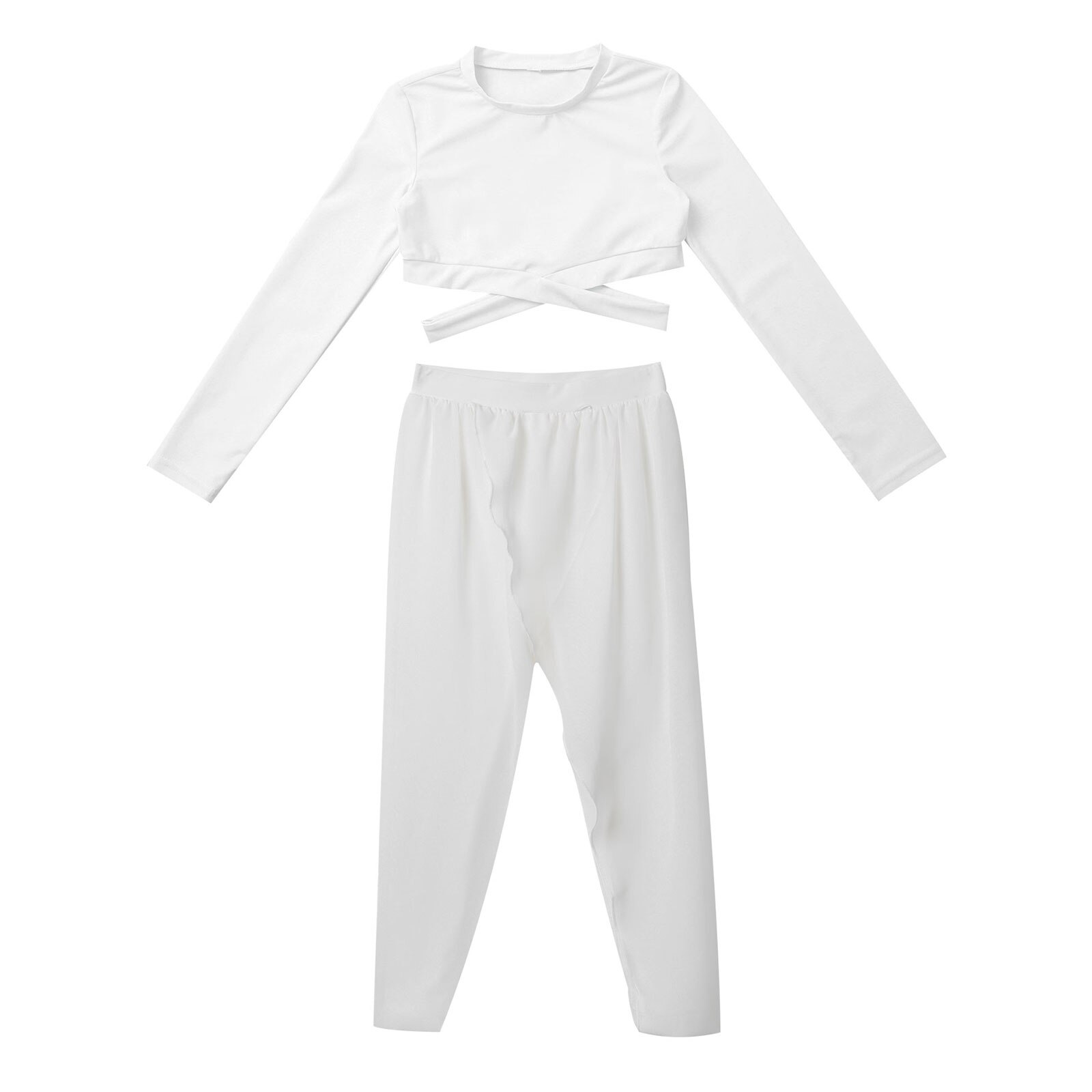 Enfants Yoga ensemble solide manches longues survêtement respirant gilet haut avec irrégulière doux jupe-culotte pour la remise en forme quotidienne de gymnastique: 6 / WHITE