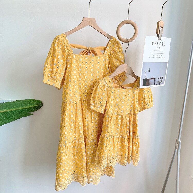 Big Sister Little Sister Matching Outfit Mother Daughter Matching Clothes Family Matching Embroidery Hollow Beach Dress