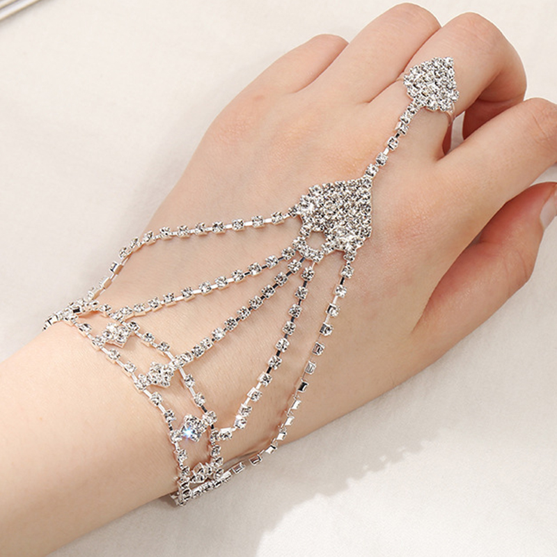 Pulseira de strass vintage com anel de dedo cor prata coroa link pulso simples corrente para as mulheres encantos senhora na moda jóias
