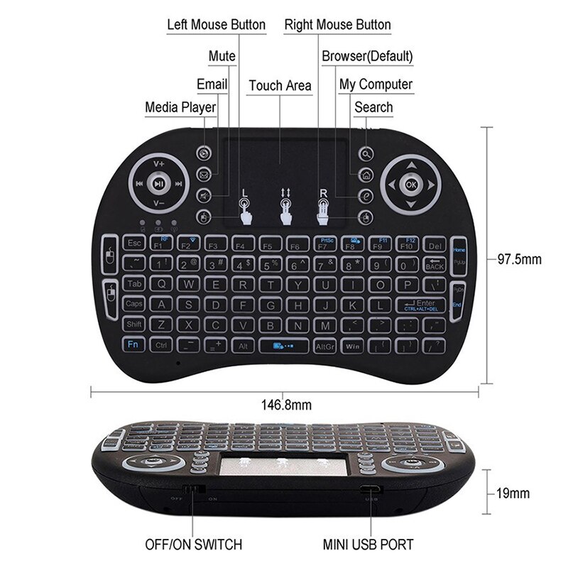 Trådløst tastatur baggrundsbelyst  i8 engelsk russisk luftmus tastatur 2.4 ghz luftmus med fjernbetjening til android tv box laptop