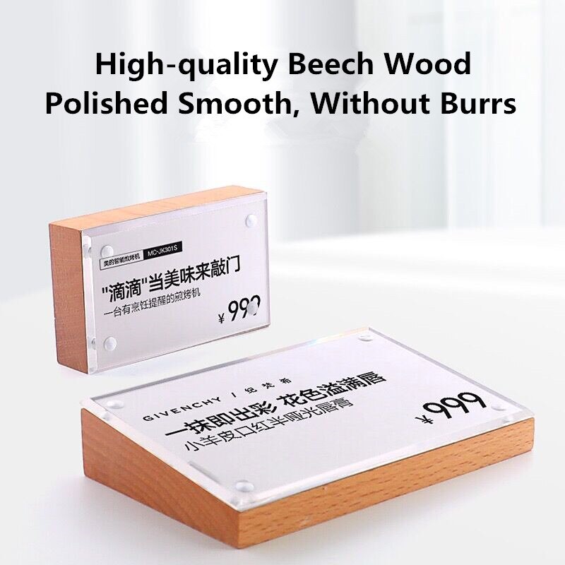 Magnetic Tabletop Wood Block Menu Holder Display Stand Counter Acrylic Picture Photo Frame Price Label Holder