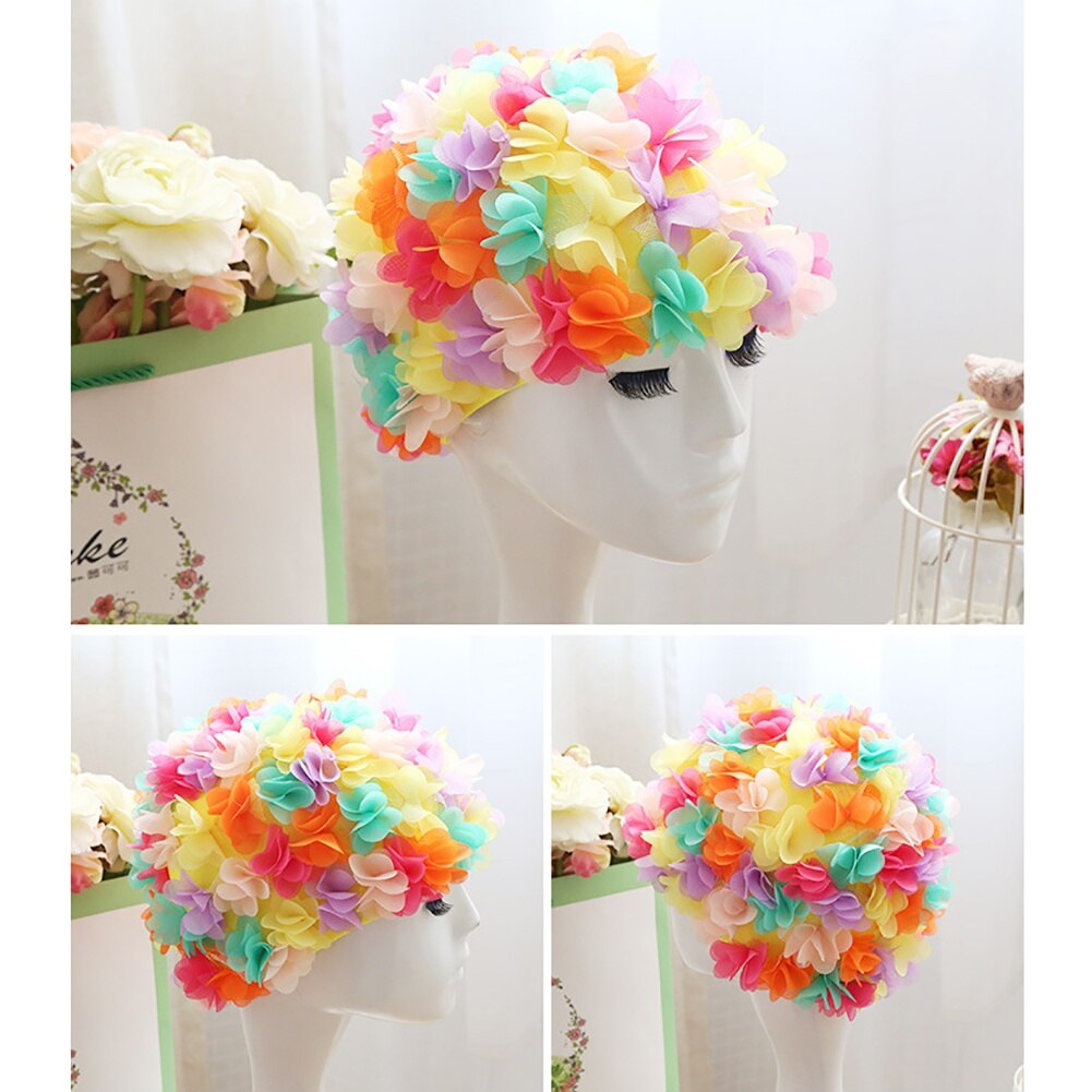 Gorro de natación de flores para mujer, cómodo gorro de piscina transpirable, pétalos tridimensionales elásticos, diadema de pelo largo con forro grande