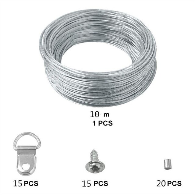 Picture Hangers Hooks 30m Wire Photo Frame Hanging Kit D Ring Stainless Steel Silver Steel Wire Rope Aluminum Buckle Set: 51Pcs