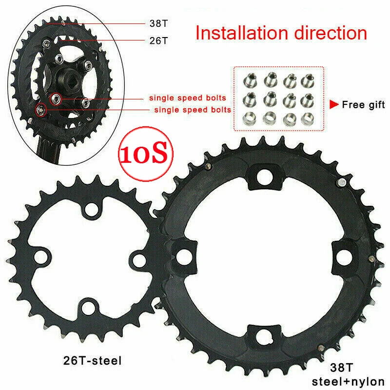 2*10s 3*10s 3*9s fietskettingblad 104 bcd 64 bcd mtb kettingblad fietskettingwiel 22/24/26/32/38/42/44t voor dubbel/triple crankstel: Groente