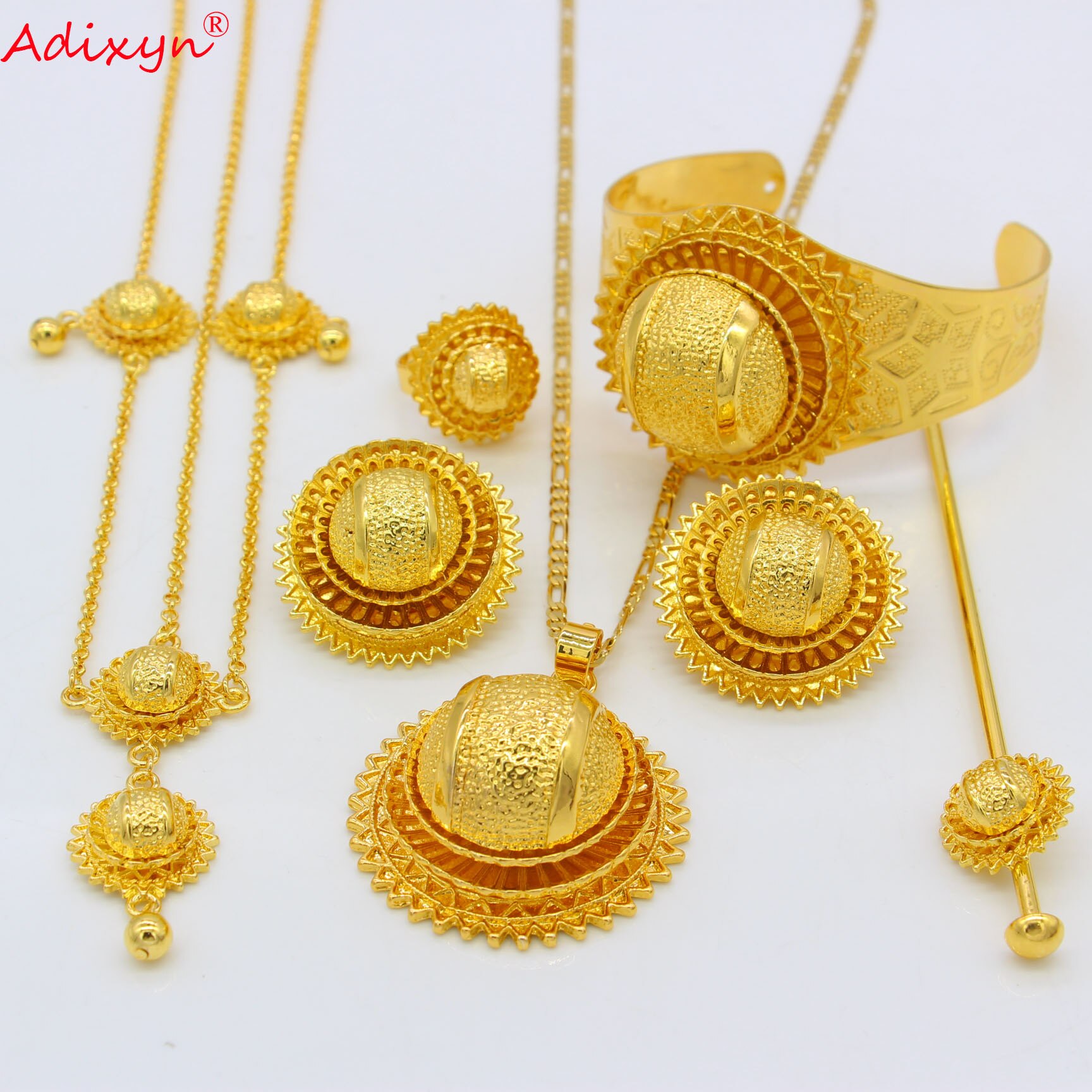 Adixyn, colgante de joyería estilo europeo, collar, pendientes, anillo, brazaletes, cadena para el pelo para mujeres, Color dorado, de boda africanos N06152