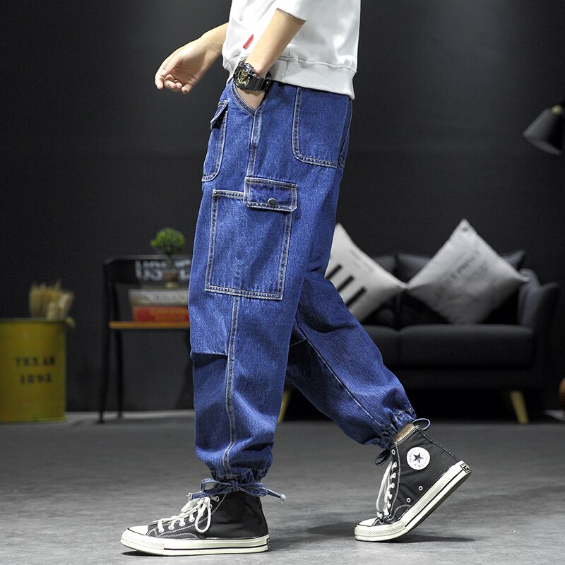 Pantalones vaqueros con cordón para hombre, vaqueros de motorista con bolsillos multifuncionales, Vaqueros informales azules de talla grande M-5XL, primavera