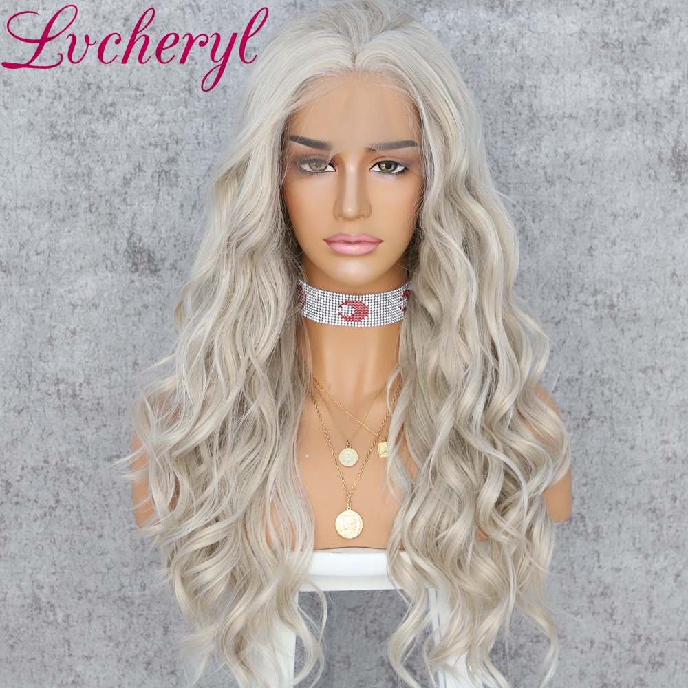 Lvcheryl lång vågig platina blond färg syntetisk spets främre peruker handbundna naturliga hår värmebeständigt hår peruker för kvinnor