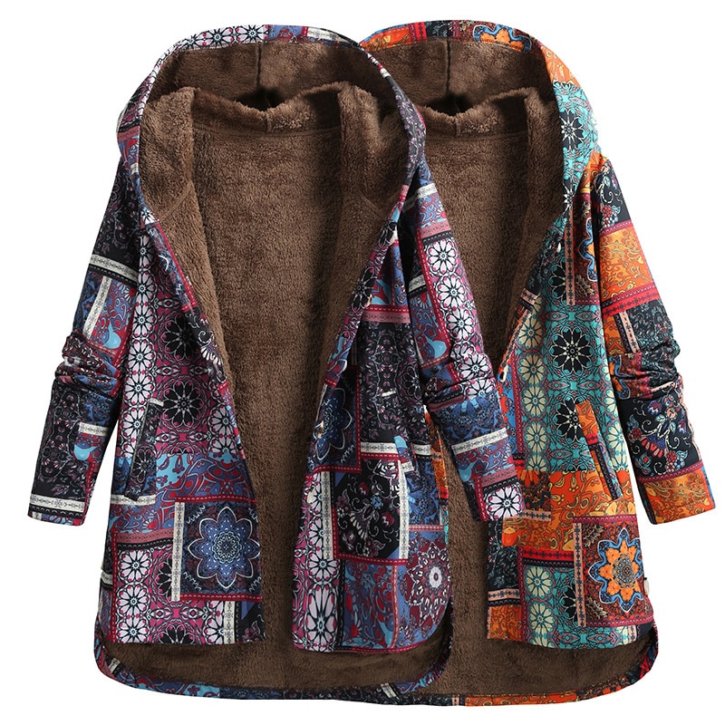 5xl plus size parkaer kvinner vintage løs hettefrakk med blomstertrykt fleeceknappet vinter varm parka langfrakk yttertøy