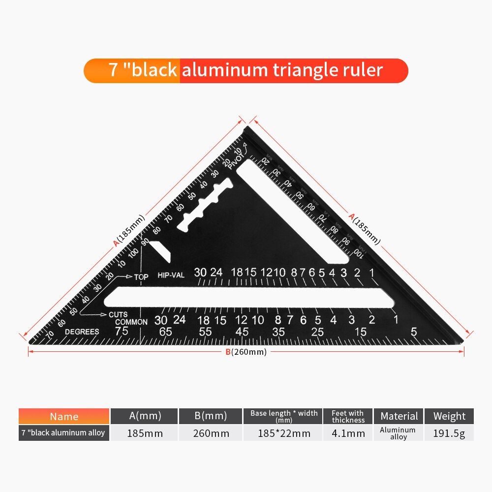 Onkel .j 7/12 tommer trekant vinkel vinkelmåler aluminiumslegering hastighed firkantet målelineal tømrer måleværktøj: 7 tommer legering