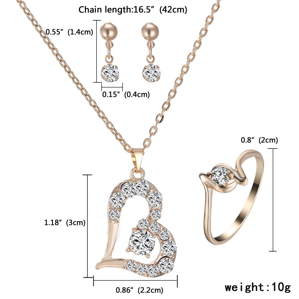 Ensemble de bijoux romantiques en forme de cœur pour femmes, collier, boucles d&#39;oreilles, bague, or, ensemble de bijoux de mariage, pour femmes