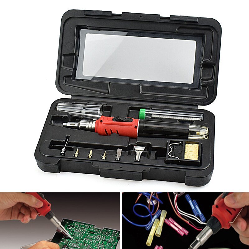 Soldering Iron 10 in 1 Soldering Iron Set Butane Gas Iron Welding Torch Kit Tool Butane Soldering Iron Torch#9^1^1: red