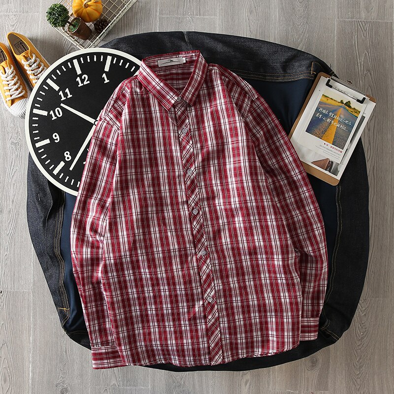 Lange Mouw Mannen Herfst Plaid Harajuku Kleding Alle Match Casual Heren Shirts Stijlvolle Turn-Down Kraag Japanse Streetwear: red / L