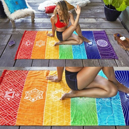 Regnbue boho strandmåtte mandala tæppe stribet væghængende gobelin yogamåtte